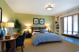green walls white accent bookcases